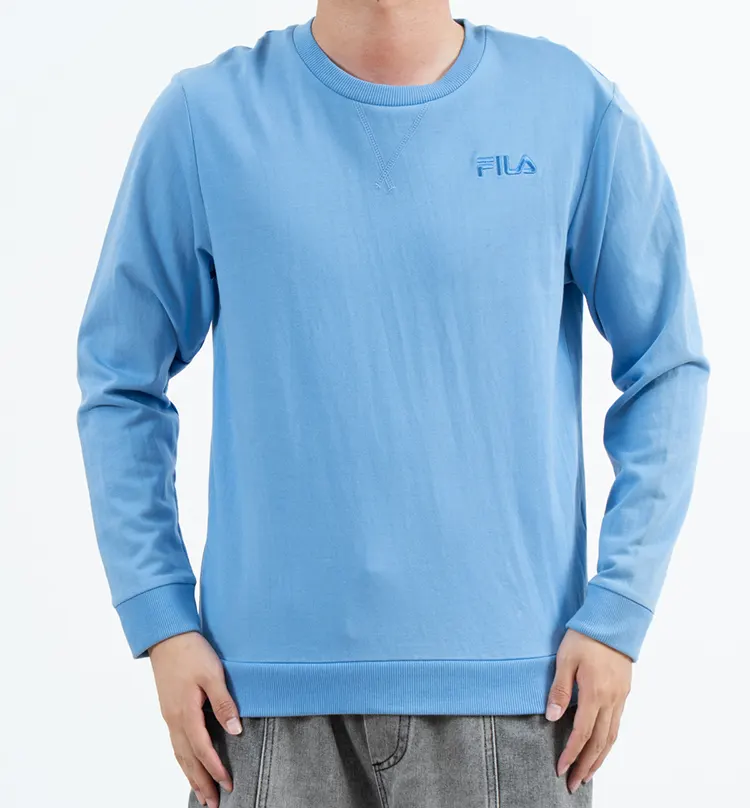 Blue Crew Neck Sweatshirt with Tonal Chest Logo and Ribbed Trim