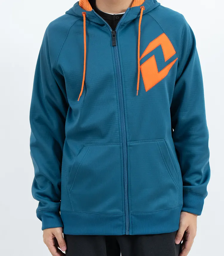 Teal Raglan Zip-Up Hoodie with Orange Chest Graphic and Drawcord
