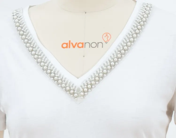White V-Neck T-Shirt with Bead-Trim Neckline