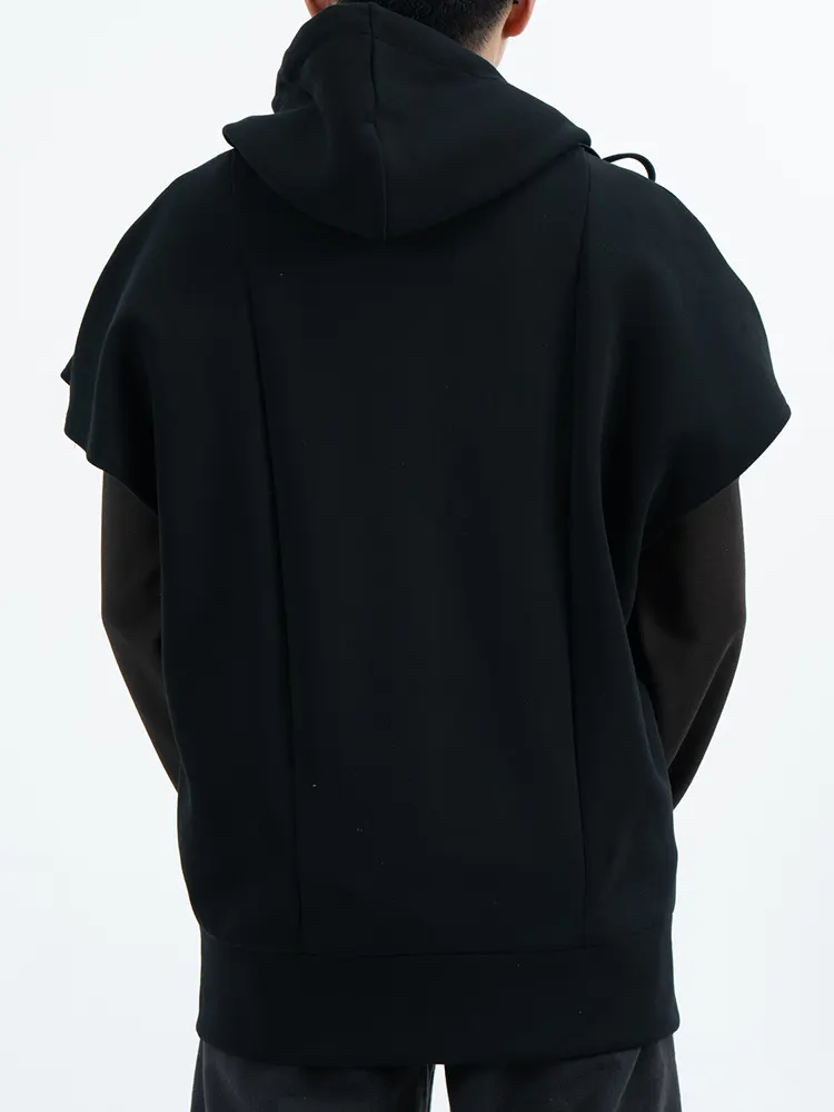 Sleeveless Zip-Up Hoodie with Extended Shoulders and Split Front Pockets