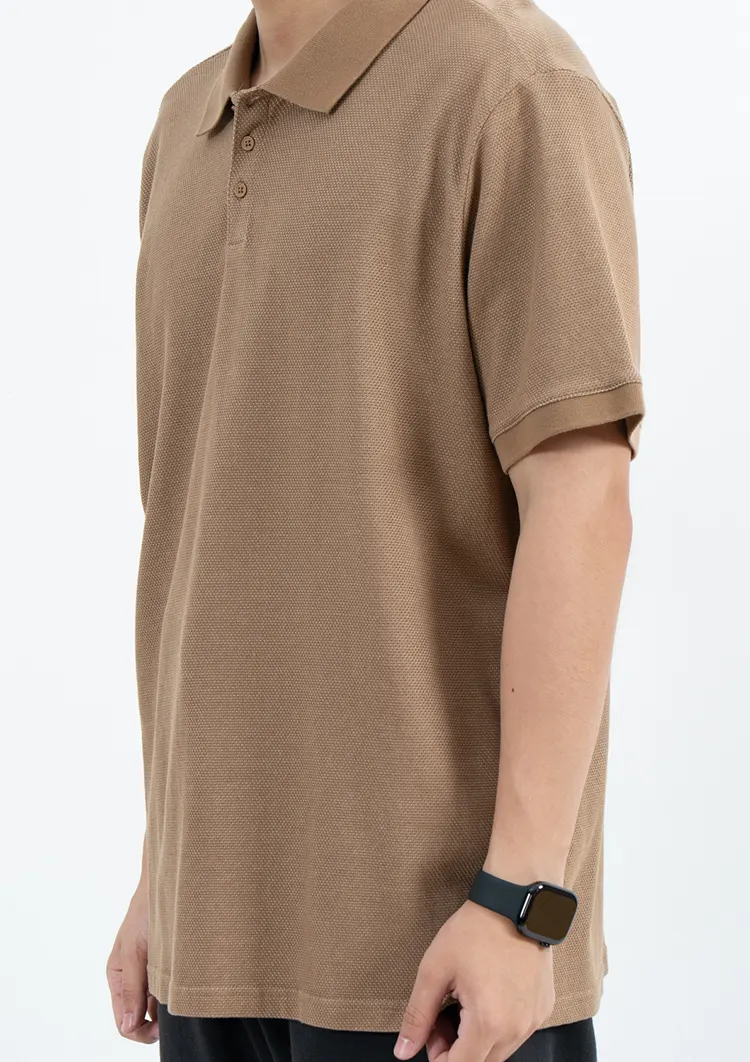Textured Brown Short Sleeve Polo Shirt with Three-Button Placket
