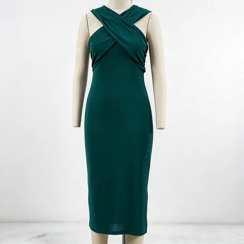Bodycon Midi Dress with Cross Neck
